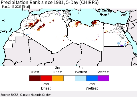 North Africa Precipitation Rank since 1981, 5-Day (CHIRPS) Thematic Map For 3/1/2024 - 3/5/2024