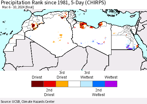 North Africa Precipitation Rank since 1981, 5-Day (CHIRPS) Thematic Map For 3/6/2024 - 3/10/2024