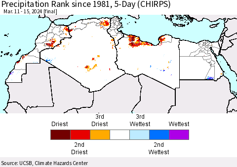 North Africa Precipitation Rank since 1981, 5-Day (CHIRPS) Thematic Map For 3/11/2024 - 3/15/2024