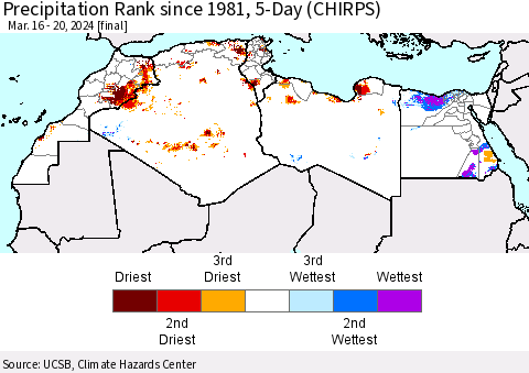 North Africa Precipitation Rank since 1981, 5-Day (CHIRPS) Thematic Map For 3/16/2024 - 3/20/2024