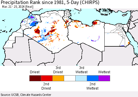 North Africa Precipitation Rank since 1981, 5-Day (CHIRPS) Thematic Map For 3/21/2024 - 3/25/2024