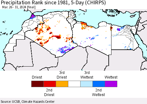 North Africa Precipitation Rank since 1981, 5-Day (CHIRPS) Thematic Map For 3/26/2024 - 3/31/2024