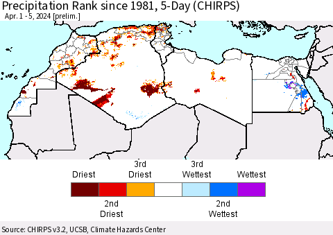 North Africa Precipitation Rank since 1981, 5-Day (CHIRPS) Thematic Map For 4/1/2024 - 4/5/2024