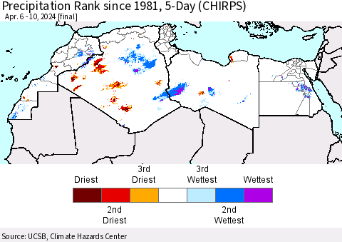 North Africa Precipitation Rank since 1981, 5-Day (CHIRPS) Thematic Map For 4/6/2024 - 4/10/2024