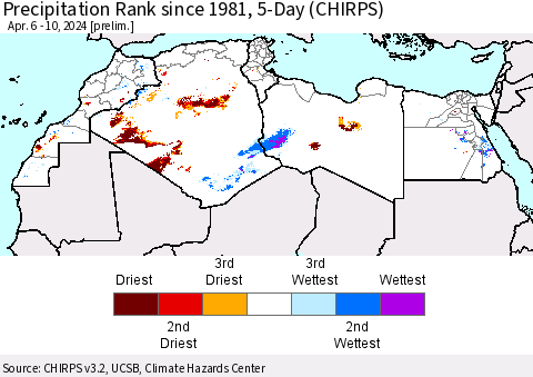 North Africa Precipitation Rank since 1981, 5-Day (CHIRPS) Thematic Map For 4/6/2024 - 4/10/2024