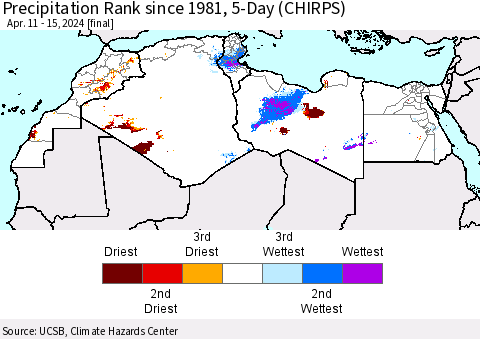 North Africa Precipitation Rank since 1981, 5-Day (CHIRPS) Thematic Map For 4/11/2024 - 4/15/2024