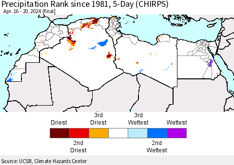 North Africa Precipitation Rank since 1981, 5-Day (CHIRPS) Thematic Map For 4/16/2024 - 4/20/2024