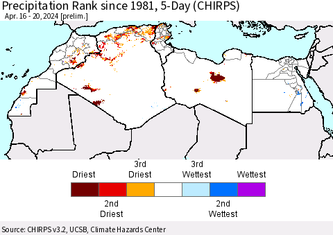 North Africa Precipitation Rank since 1981, 5-Day (CHIRPS) Thematic Map For 4/16/2024 - 4/20/2024