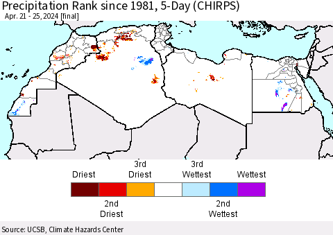 North Africa Precipitation Rank since 1981, 5-Day (CHIRPS) Thematic Map For 4/21/2024 - 4/25/2024