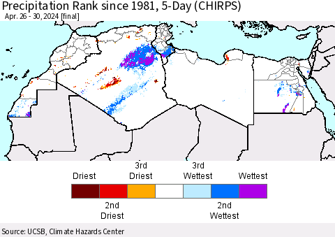 North Africa Precipitation Rank since 1981, 5-Day (CHIRPS) Thematic Map For 4/26/2024 - 4/30/2024
