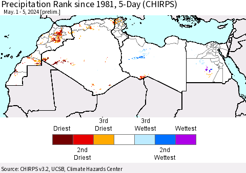 North Africa Precipitation Rank since 1981, 5-Day (CHIRPS) Thematic Map For 5/1/2024 - 5/5/2024