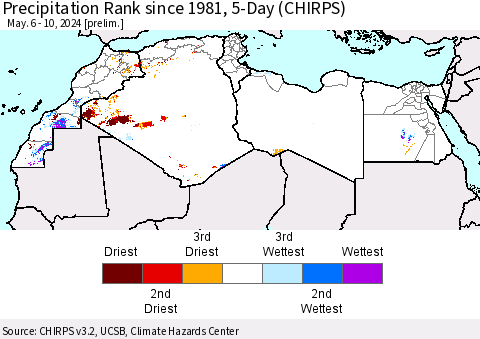 North Africa Precipitation Rank since 1981, 5-Day (CHIRPS) Thematic Map For 5/6/2024 - 5/10/2024