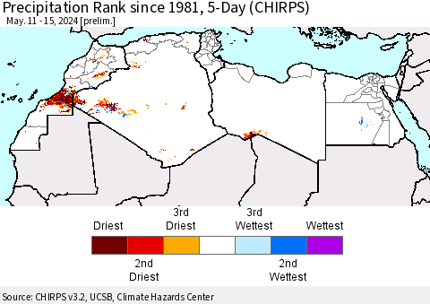 North Africa Precipitation Rank since 1981, 5-Day (CHIRPS) Thematic Map For 5/11/2024 - 5/15/2024