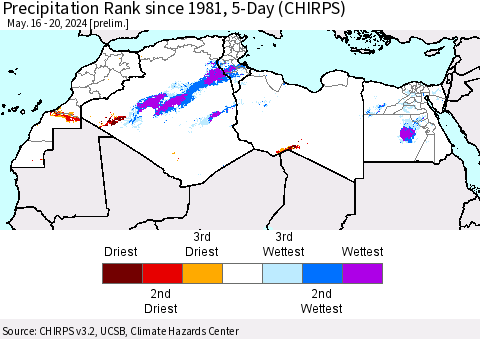 North Africa Precipitation Rank since 1981, 5-Day (CHIRPS) Thematic Map For 5/16/2024 - 5/20/2024