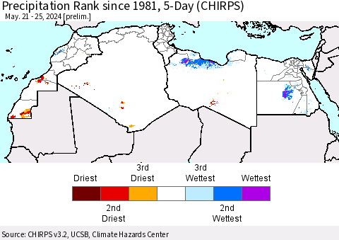 North Africa Precipitation Rank since 1981, 5-Day (CHIRPS) Thematic Map For 5/21/2024 - 5/25/2024