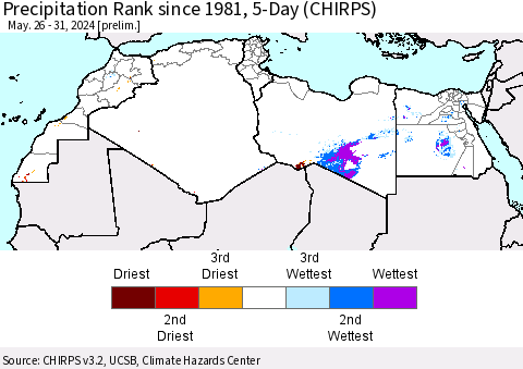 North Africa Precipitation Rank since 1981, 5-Day (CHIRPS) Thematic Map For 5/26/2024 - 5/31/2024