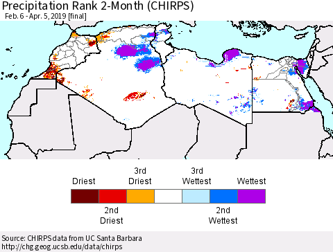 North Africa Precipitation Rank since 1981, 2-Month (CHIRPS) Thematic Map For 2/6/2019 - 4/5/2019