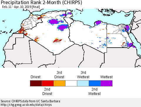 North Africa Precipitation Rank since 1981, 2-Month (CHIRPS) Thematic Map For 2/11/2019 - 4/10/2019