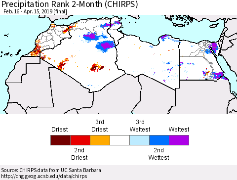 North Africa Precipitation Rank since 1981, 2-Month (CHIRPS) Thematic Map For 2/16/2019 - 4/15/2019
