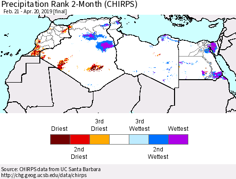 North Africa Precipitation Rank since 1981, 2-Month (CHIRPS) Thematic Map For 2/21/2019 - 4/20/2019