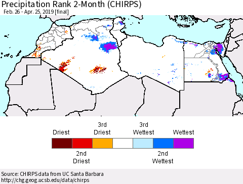 North Africa Precipitation Rank since 1981, 2-Month (CHIRPS) Thematic Map For 2/26/2019 - 4/25/2019
