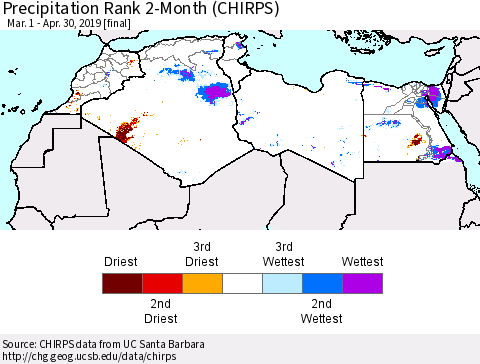 North Africa Precipitation Rank since 1981, 2-Month (CHIRPS) Thematic Map For 3/1/2019 - 4/30/2019