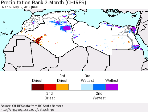 North Africa Precipitation Rank since 1981, 2-Month (CHIRPS) Thematic Map For 3/6/2019 - 5/5/2019