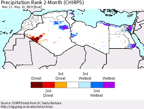 North Africa Precipitation Rank since 1981, 2-Month (CHIRPS) Thematic Map For 3/11/2019 - 5/10/2019