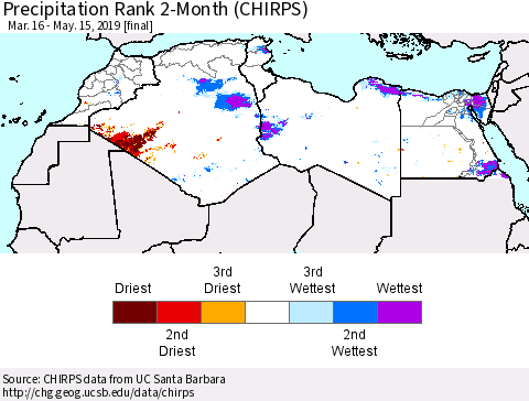 North Africa Precipitation Rank since 1981, 2-Month (CHIRPS) Thematic Map For 3/16/2019 - 5/15/2019