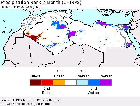 North Africa Precipitation Rank since 1981, 2-Month (CHIRPS) Thematic Map For 3/21/2019 - 5/20/2019