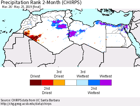 North Africa Precipitation Rank since 1981, 2-Month (CHIRPS) Thematic Map For 3/26/2019 - 5/25/2019