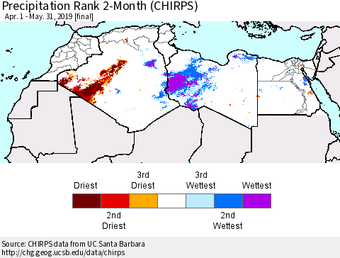 North Africa Precipitation Rank since 1981, 2-Month (CHIRPS) Thematic Map For 4/1/2019 - 5/31/2019