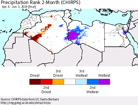 North Africa Precipitation Rank since 1981, 2-Month (CHIRPS) Thematic Map For 4/6/2019 - 6/5/2019