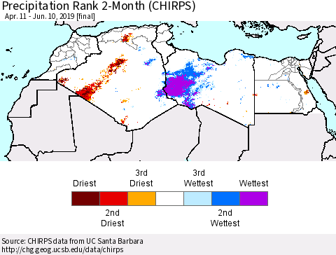 North Africa Precipitation Rank since 1981, 2-Month (CHIRPS) Thematic Map For 4/11/2019 - 6/10/2019