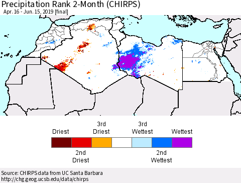 North Africa Precipitation Rank since 1981, 2-Month (CHIRPS) Thematic Map For 4/16/2019 - 6/15/2019