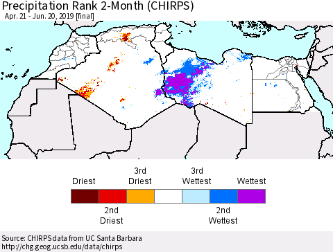 North Africa Precipitation Rank since 1981, 2-Month (CHIRPS) Thematic Map For 4/21/2019 - 6/20/2019