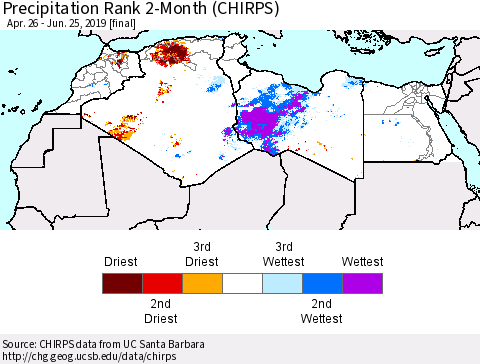 North Africa Precipitation Rank since 1981, 2-Month (CHIRPS) Thematic Map For 4/26/2019 - 6/25/2019