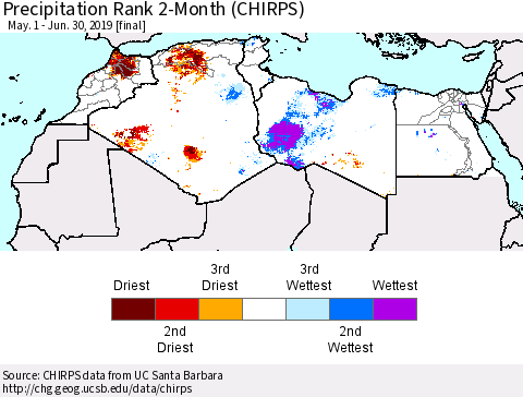 North Africa Precipitation Rank since 1981, 2-Month (CHIRPS) Thematic Map For 5/1/2019 - 6/30/2019