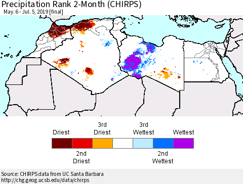 North Africa Precipitation Rank since 1981, 2-Month (CHIRPS) Thematic Map For 5/6/2019 - 7/5/2019