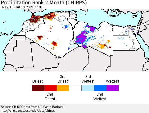 North Africa Precipitation Rank since 1981, 2-Month (CHIRPS) Thematic Map For 5/11/2019 - 7/10/2019