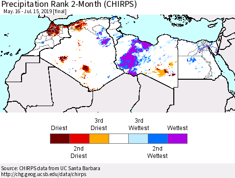 North Africa Precipitation Rank since 1981, 2-Month (CHIRPS) Thematic Map For 5/16/2019 - 7/15/2019