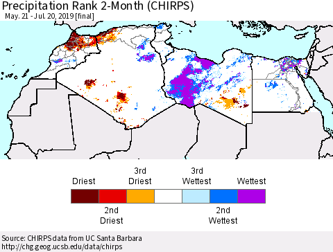 North Africa Precipitation Rank since 1981, 2-Month (CHIRPS) Thematic Map For 5/21/2019 - 7/20/2019