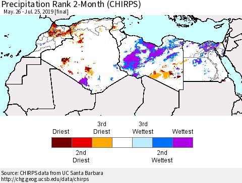 North Africa Precipitation Rank since 1981, 2-Month (CHIRPS) Thematic Map For 5/26/2019 - 7/25/2019