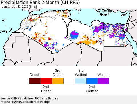 North Africa Precipitation Rank since 1981, 2-Month (CHIRPS) Thematic Map For 6/1/2019 - 7/31/2019