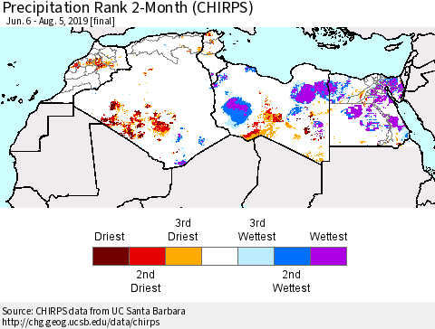 North Africa Precipitation Rank since 1981, 2-Month (CHIRPS) Thematic Map For 6/6/2019 - 8/5/2019