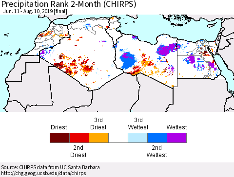 North Africa Precipitation Rank since 1981, 2-Month (CHIRPS) Thematic Map For 6/11/2019 - 8/10/2019