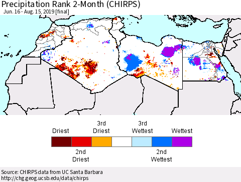 North Africa Precipitation Rank since 1981, 2-Month (CHIRPS) Thematic Map For 6/16/2019 - 8/15/2019