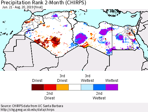 North Africa Precipitation Rank since 1981, 2-Month (CHIRPS) Thematic Map For 6/21/2019 - 8/20/2019