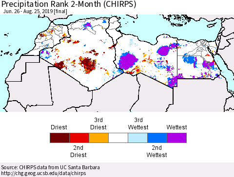 North Africa Precipitation Rank since 1981, 2-Month (CHIRPS) Thematic Map For 6/26/2019 - 8/25/2019