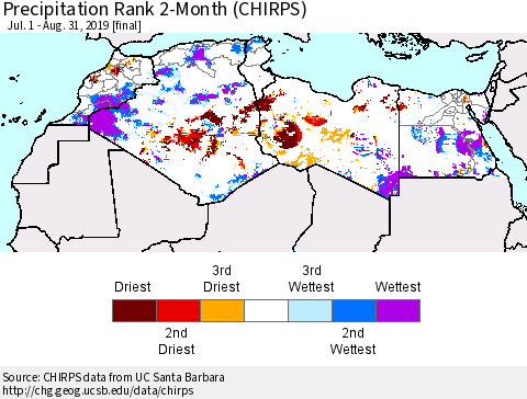 North Africa Precipitation Rank since 1981, 2-Month (CHIRPS) Thematic Map For 7/1/2019 - 8/31/2019
